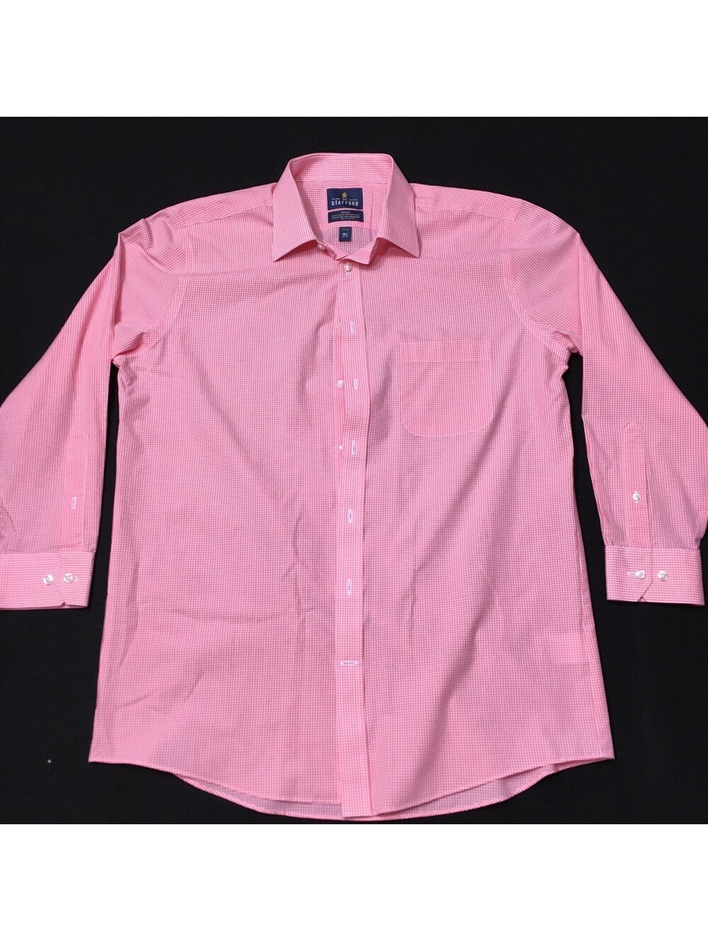 Stafford Dress Shirt Mens 16.5 32/33 PINK CHECK Button Up TRAVEL EASY CARE